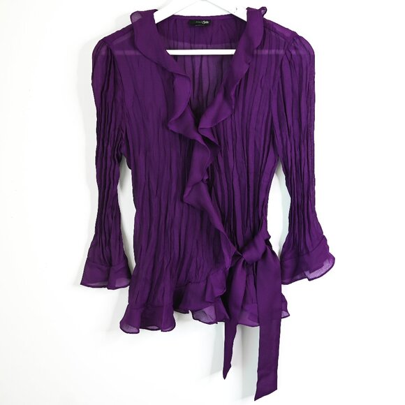 EAST 5th Purple Accordion Pleated Ruffled V-Neck Flared Long Sleeve Wrap Blouse - Picture 2 of 8